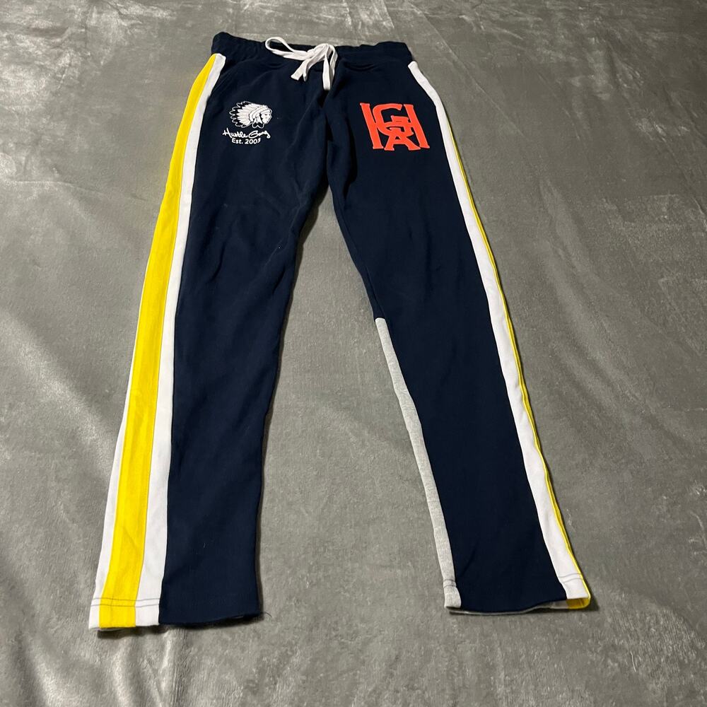 Hustle Gang Track Pants Mens Small Blue Yellow Drawstring Pockets Athleisure